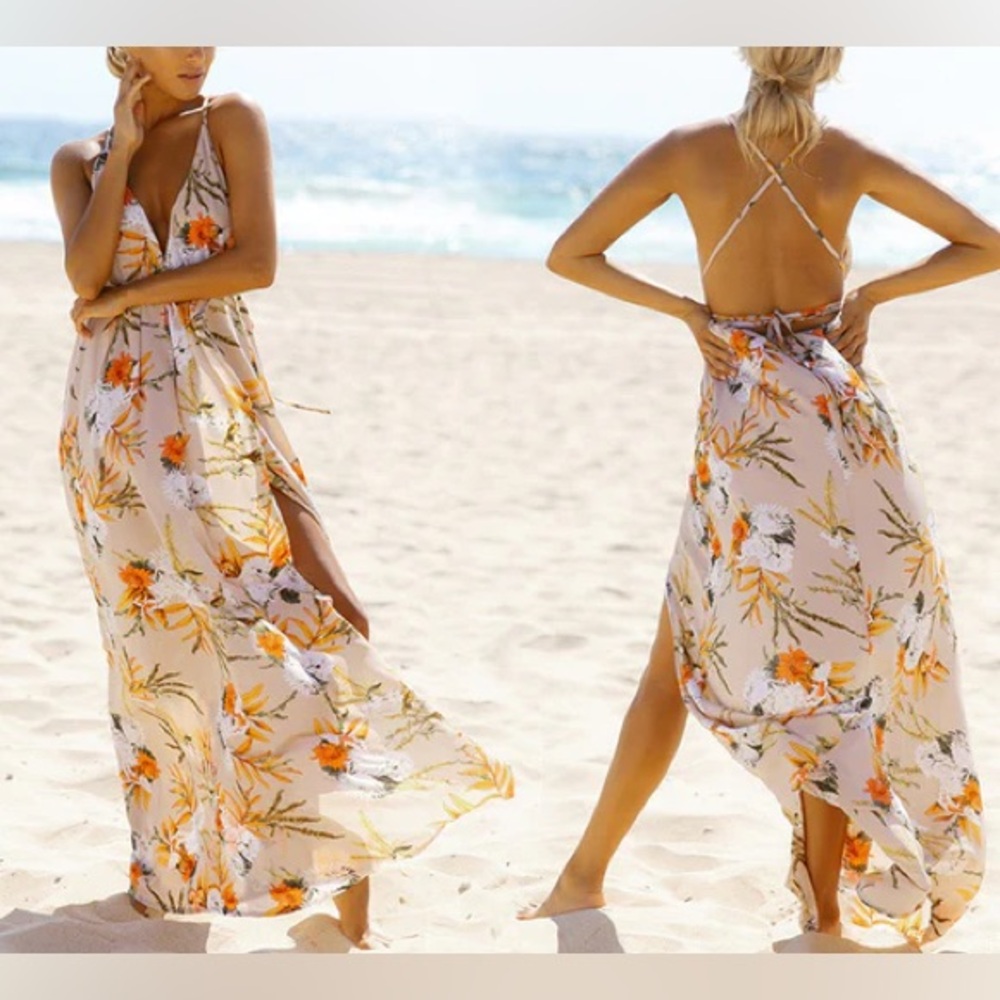 Chic Backless Floral Maxi Dress - Orange and White